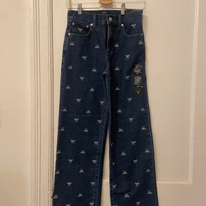 JCrew White Bow-Embroidered Slim Wide-Leg Jean
